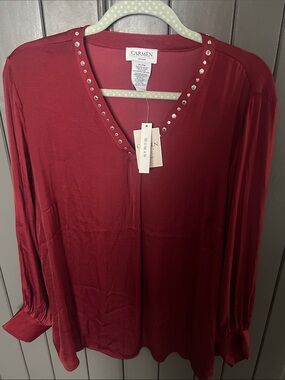 Carmen Woman Burgundy V-Neck Long-Sleeve Stud Detail Top